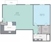 One bedroom, one bathroom two dimensional floor plan.